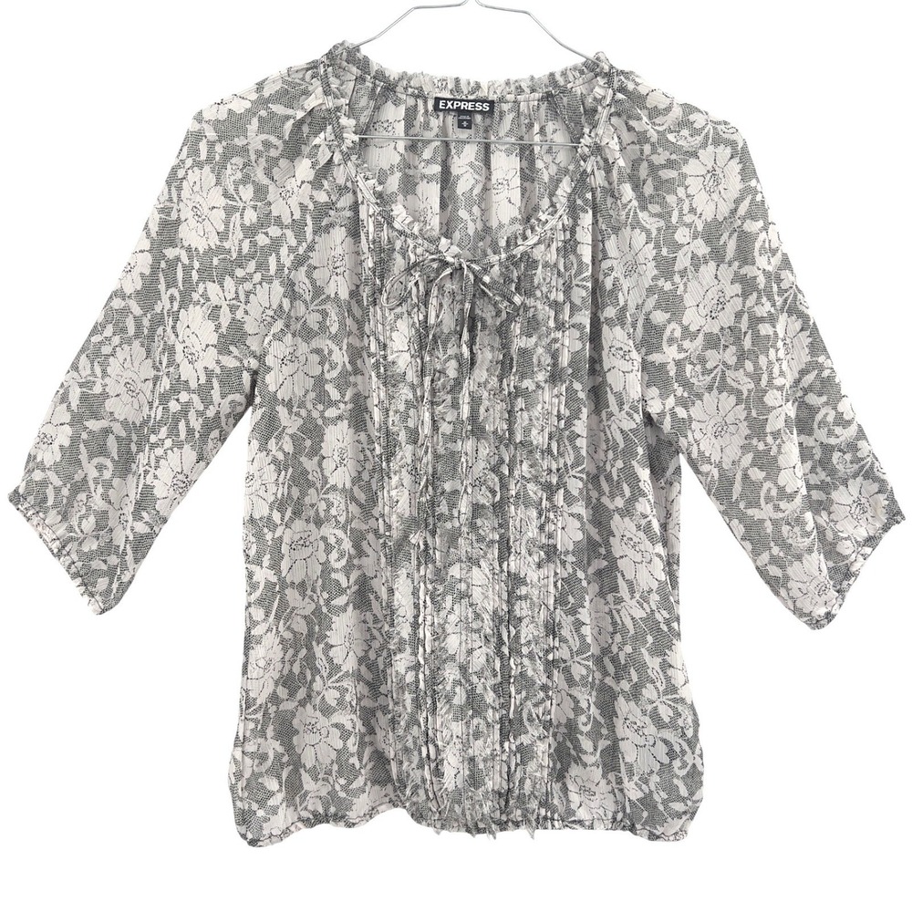 Express Womens Floral Lace Print Pintuck Tie‎ Neck Peasant Boho Blouse M